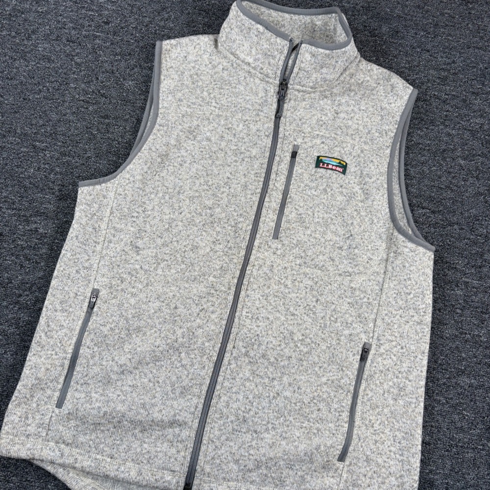 LL Bean Sweater Fleece Vest Mens Medium Gray Full Zip 505974 Slightly Fitted